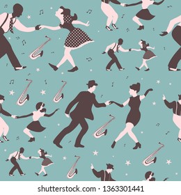 Swing dance seamless pattern with dancing couples, saxophones, musical notes and stars on a green background