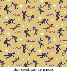 Swing dance seamless pattern on gold background. 1940s and 1930s style. Women and men couples at the party. Flat vector illustration.