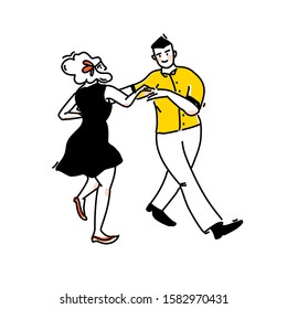 Swing dance, young couple in retro outfit. Funny fast shag. Girl in black dress and red flower in hair. Man in yellow shirt. Workshop illustration, vector doodle outline art.