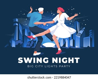 swing dancing couple against the background of the night landscape of the big city. Dance club in retro style. Vector flat illustration