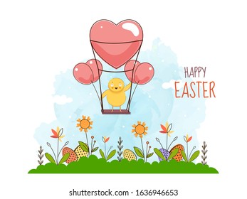Swing Easter Chick with Balloons, Printed Eggs and Floral Nature on Watercolor Effect Background.