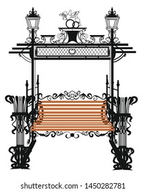swing forged outdoor recreation concept.Exclusive elegant swing white in vintage style isolated on white background. Design elements of landscape design of the garden or parkland. Vector cartoon close