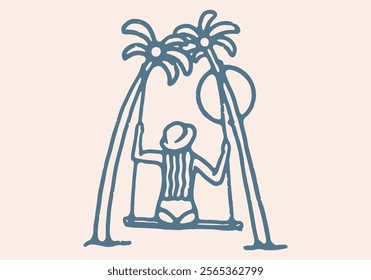 Swing girl on the coconut tree enjoy sunset