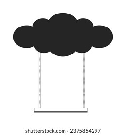 Swing hanging from cloud black and white 2D line cartoon object. Surreal recreation equipment isolated vector outline item. Outdoors activity imagination fantasy monochromatic flat spot illustration
