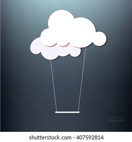 Swing hanging from cloud in paper cutout style. Vector creative illustration with copy space.