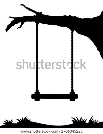 A swing hanging on a tree branch. Black silhouette. Front and side view. Vector simple flat graphic illustration. Isolated object on a white background.