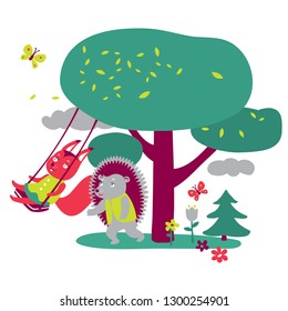 A swing is hanging on a tree. A hedgehog swings squirrel on a swing. Вutterflies fly around. Flowers and spruce.