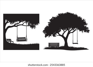 A swing hangs from a tree and there is a bench under it