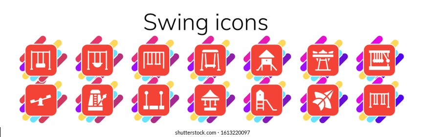 swing icon set. 14 filled swing icons. Included Swing, Swings, Metronome, Trapeze, Playground, Giant Thai kite, Newton cradle icons