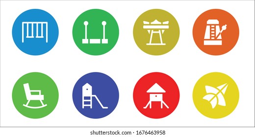 swing icon set. 8 filled swing icons. Included Swings, Rocking chair, Trapeze, Playground, Giant swing, Metronome, Thai kite icons