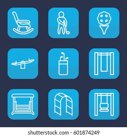 swing icon. Set of 9 outline swing icons such as swing, playground ladder, golf player, rocking chair, golf