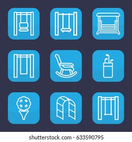Swing icon. set of 9 outline swing icons such as swing, playground ladder, rocking chair, golf