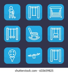 Swing icon. set of 9 outline swing icons such as swing, golf player, rocking chair