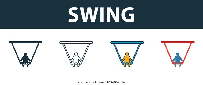 Swing icon set. Four elements in diferent styles from baby things icons collection. Creative swing icons filled, outline, colored and flat symbols.
