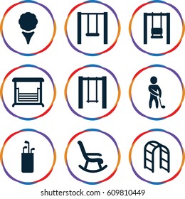 Swing icons set. set of 9 swing filled icons such as swing, playground ladder, golf player, golf, golf putter