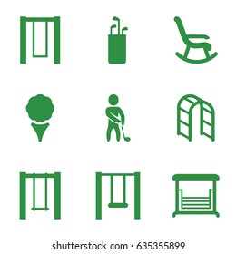 Swing icons set. set of 9 swing filled icons such as swing, playground ladder, golf player, golf, golf putter