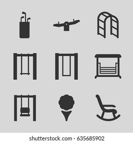Swing icons set. set of 9 swing filled icons such as swing, playground ladder, golf, golf putter