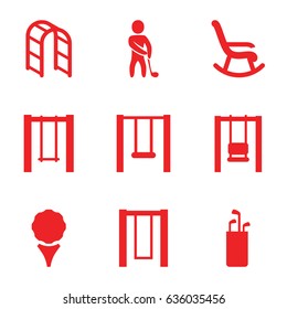 Swing icons set. set of 9 swing filled icons such as swing, playground ladder, golf player, golf, golf putter