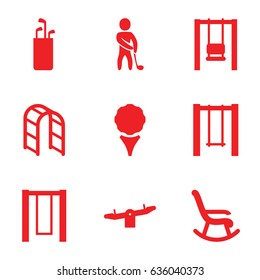 Swing icons set. set of 9 swing filled icons such as swing, playground ladder, golf player, golf, golf putter