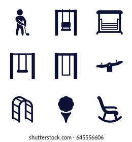 Swing icons set. set of 9 swing filled icons such as swing, playground ladder, golf player, golf