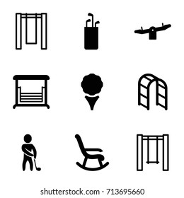 Swing icons set. set of 9 swing filled and outline icons such as swing, playground ladder, golf player, golf, golf putter
