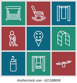 Swing icons set. set of 9 swing outline icons such as swing, playground ladder, golf player, rocking chair, golf
