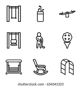 Swing icons set. set of 9 swing outline icons such as swing, playground ladder, golf player, rocking chair, golf