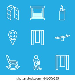 Swing icons set. set of 9 swing outline icons such as swing, playground ladder, golf player, rocking chair, golf