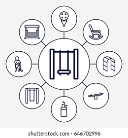 Swing icons set. set of 9 swing outline icons such as swing, playground ladder, golf player, rocking chair, golf