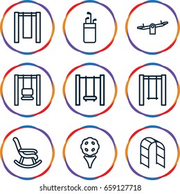 Swing icons set. set of 9 swing outline icons such as swing, playground ladder, rocking chair, golf