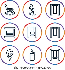 Swing icons set. set of 9 swing outline icons such as swing, golf player, rocking chair, golf