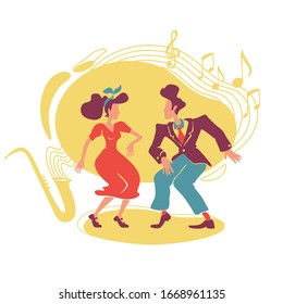 Swing Jazz Party 2D Vektorillustration Web-Banner, Poster. 50er Jahre Stil Paar Tanzboogie Woogie flache Figuren auf Cartoon-Hintergrund. Vive Tänzer. Rock-n-Roll-Disco-bedruckbare Patches, bunte Webelemente