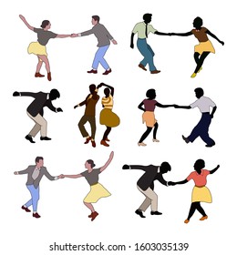 Swing jazz party. Set of three dancing couples isolated on white in cartoon style.People in 40s or 50s style. Men and women on swing,jazz,lindy hop or boogie woogie party. Vector vintage illustration.