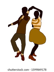 Swing jazz party time. Dancing couples isolated on white in cartoon style. People in 40s or 50s style. Men and women on swing, jazz, lindy hop or boogie woogie party. Vector vintage illustration.