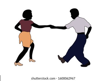 Swing jazz party time. Dancing couples isolated on white in cartoon style. People in 40s or 50s style. Men and women on swing,jazz,lindy hop or boogie woogie party. Vector vintage illustration.