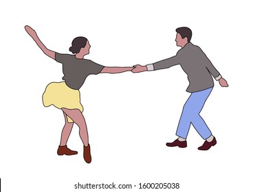 Swing jazz party time. Dancing couples isolated on white in cartoon style. People in 40s or 50s style. Men and women on swing,jazz,lindy hop or boogie woogie party. Vector vintage illustration.