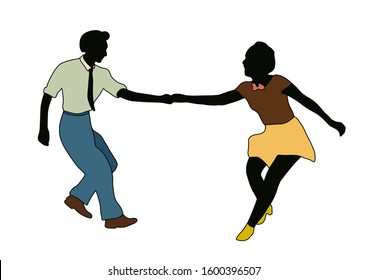 Swing jazz party time. Dancing couples isolated on white in cartoon style. People in 40s or 50s style. Men and women on swing,jazz,lindy hop or boogie woogie party. Vector vintage illustration.