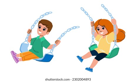 swing kid vector. playground park, fun summer, outside child, play happy, girl activity swing kid character. people flat cartoon illustration