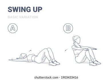 Swing Up with Knees Bent Female Home Workout Exercise Guide Illustration. Outline Concept of Girl Working on Her Abs a Young Woman in Sportswear Top, Sneakers and Leggings Doing Sit up in Two Stages.