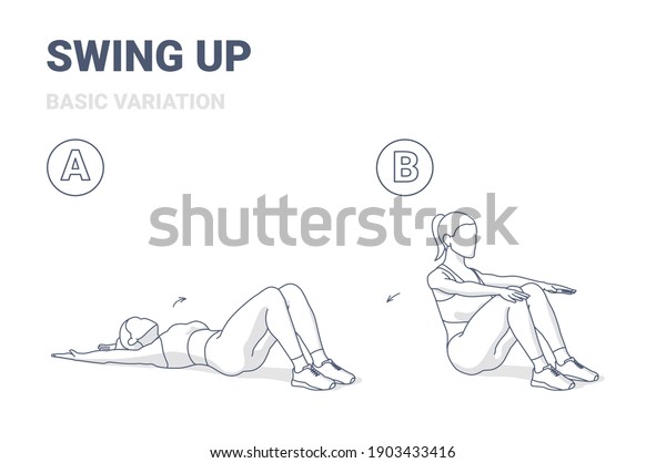 Swing Up with Knees Bent Female Home Workout\
Exercise Guide Illustration. Outline Concept of Girl Working on Her\
Abs a Young Woman in Sportswear Top, Sneakers and Leggings Doing\
Sit up in Two Stages.