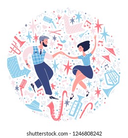 Swing or lindy hop concept illustration. Young couple dancing. Stylized musical instruments and party items. Dance event, competition or retro party poster. Vector.