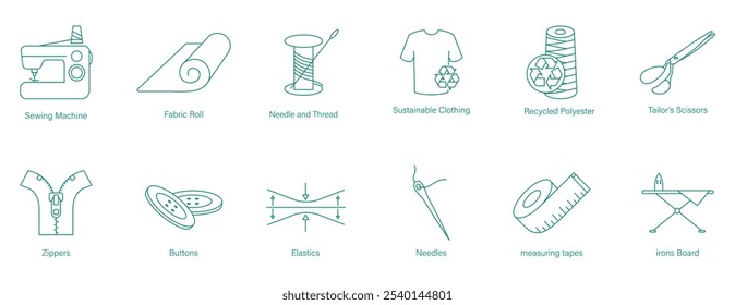 Swing Machine, Fabric Roll, Needle and Thread, Sustainable Clothing, Recycled Polyester, Tailor Scissors, Zippers, Buttons, Elastics, Needles, Measuring Tapes, Iron Board Icon Set