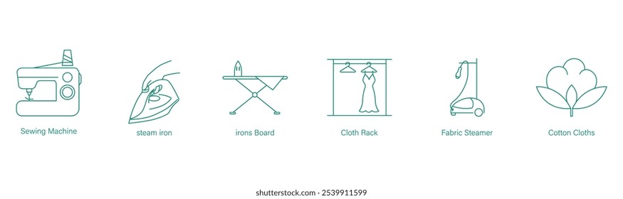Máquina de balanço, Ferro de vapor, Placa de ferro, Rack de pano, Vapor de tecido, Conjunto de ícone de pano de algodão