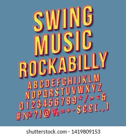 Swing music rockabilly vintage 3d vector lettering. Retro bold font, typeface. Pop art stylized text. Old school style letters, numbers pack. 90s, 80s poster, banner. Air force blue color background