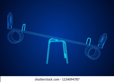 Swing on the playground vector. Seesaw or wooden balance scale. Wireframe low poly mesh vector illustration