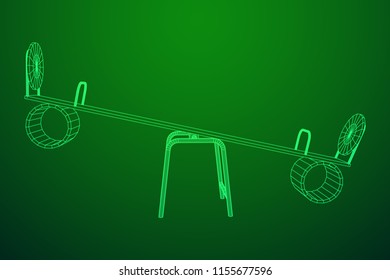 Swing on the playground vector. Seesaw or wooden balance scale. Wireframe low poly mesh vector illustration