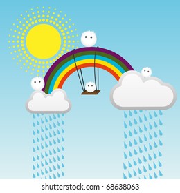 Swing on a rainbow. Fantasy colorful vector illustration.