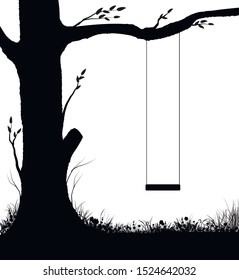 swing on tree, childhood memories in summer day, piece of childhood, , black and white, shadows