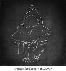 Swing on a tree. Hand drawn vector stock illustration. Chalk board drawing.