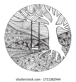 Dibujo de objetos de diseño con tinta dibujada a mano en una colina arbolada ilustración vectorial para página de color, para web, para impresión